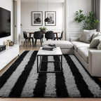 Zentavio Area Rugs for Living Room Rugs for Bedroom 4x6 Carpet Fluffy Fuzzy Soft Shag Aesthetic Plush High Pile Gray Throw Rug for Nursery Kids Room Dorm Horizontal Stripes Black Grey