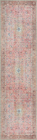 GLN Rugs Traditional Collection - Machine Washable Area Rug, Traditional Washable, Non Slip, Low Pile Chenille Rug, Living Room, Bedroom, Kitchen Rug (2'6" x 10' Pink/Cream)