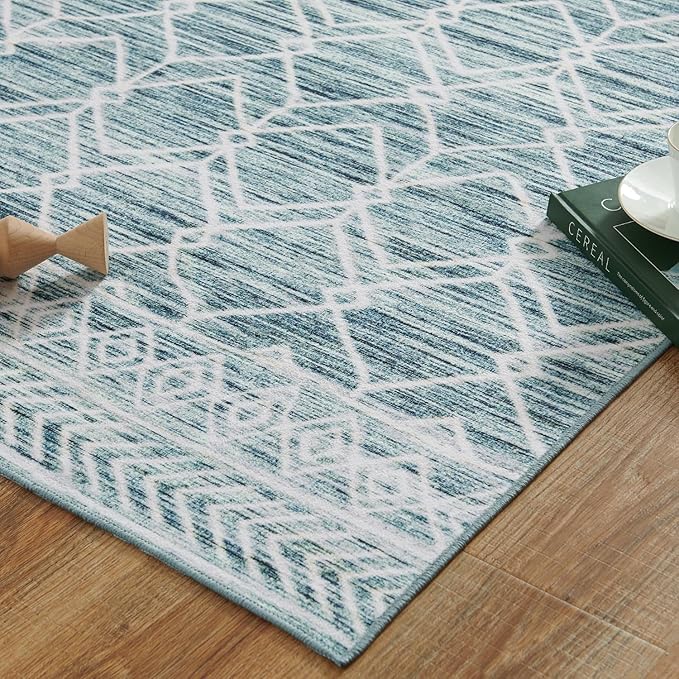 jinchan Moroccan 4x6 Area Rugs for Bedroom - Machine Washable Soft Modern Geometric Stain Resistant Non-Slip Ultra-Thin Low-Pile Faux Wool Carpet for Living Room Kitchen Dining Room (4x6ft, Teal Blue)