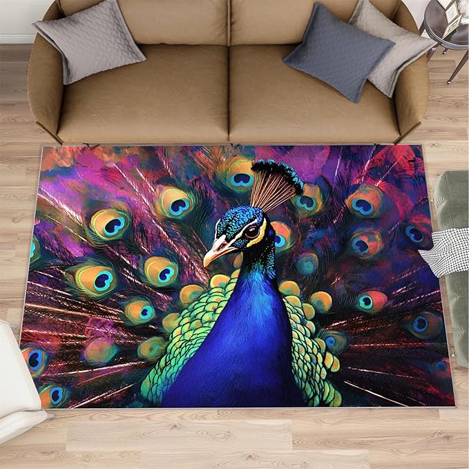 Peacock Rugs for Bedroom - 4x5 Area Rug - Watercolor Peacock Rugs for Living Room, Abstract 3D Animal Rug, Non-Slip Washable Home Decor Carpet
