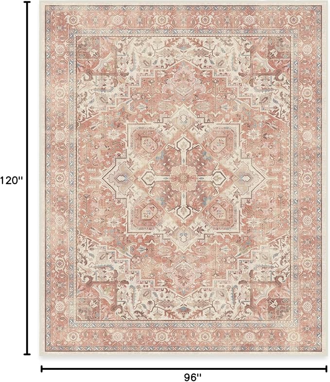 RUGGABLE Washable Area Rug – Kamran Rose Pink 8x10, Stain-Resistant, Non-Slip – Large Machine Washable Rugs for Living Room, Bedroom, Hallway, Entryway & Office–with Standard Pad