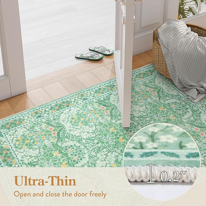 Lahome Floral Washable Kitchen Runner Rug, 2x6 Runners for Hallways Non Slip Ultra-Thin, Boho Soft Hallway Rug Forest Green Carpet for Bedroom Bathroom Laundry Room, Sage Green