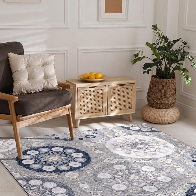 CAMILSON Indoor Outdoor Rug 9x12 Bohemian Medallion Floral Area Rugs for Indoor and Outdoor Patios Easy-Cleaning Non-Shedding Living Room Garden and Kitchen Washable Outside Carpet (9 x 12 / Blue)