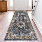 KOZYFLY Runners for Hallways 2.6x8 Ft Washable Kitchen Runner Rug Boho Runner Rug for Entryway Indoor Gold Navy Printed Oriental Faux Wool Floor Carpet Runner for Bedroom Kitchen Hall