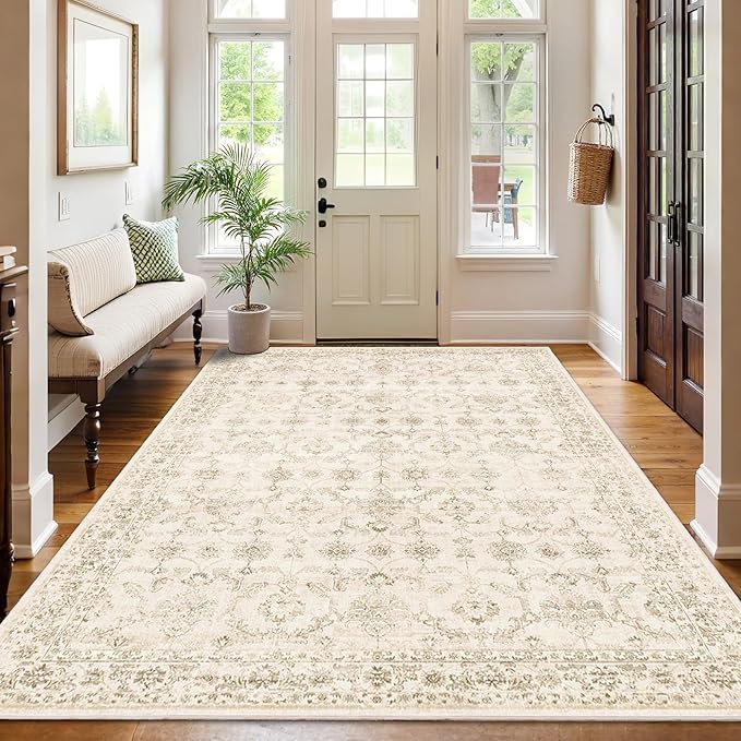 Washable Area Rug 5x7 Beige Rugs for Living Room, Vintage Boho Large Rug for Bedroom Dining Room Office, Distressed Floral Print Carpet for Under Table, Soft Non Slip Low Pile Throw Carpet Indoor Mat