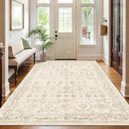 Washable Area Rug 5x7 Beige Rugs for Living Room, Vintage Boho Large Rug for Bedroom Dining Room Office, Distressed Floral Print Carpet for Under Table, Soft Non Slip Low Pile Throw Carpet Indoor Mat