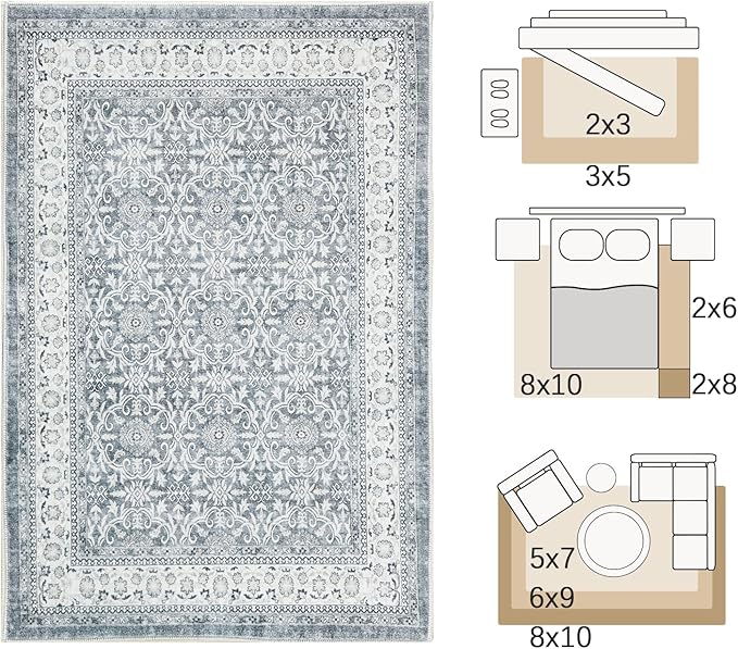jinchan Floral 3x5 Area Rugs for Entryway - Taupe Vintage Distressed Design Doormat Non-Slip Ultra-Thin Low Pile Boho Rug for Kitchen Living Room Bedroom Farmhouse (3‘x5', Grey)