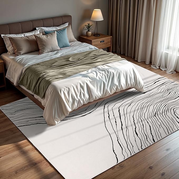 GLN Rugs Contemporary Collection - Machine Washable Area Rug, Contemporary Washable, Non Slip, Low Pile Chenille Rug, Living Room, Bedroom, Kitchen Rug (9' x 12' Beige Black)