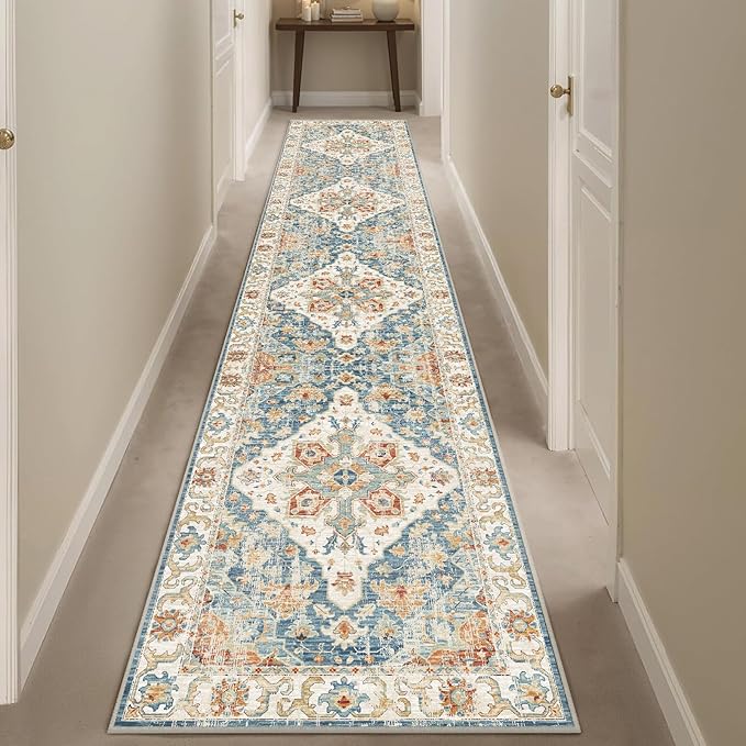 Enkor Runner Rugs for Hallway, 2x10 Washable Soft Non Slip Floor Rugs for Kitchen, Modern Mat for Living Room Bedroom Entryway Orange & Blue