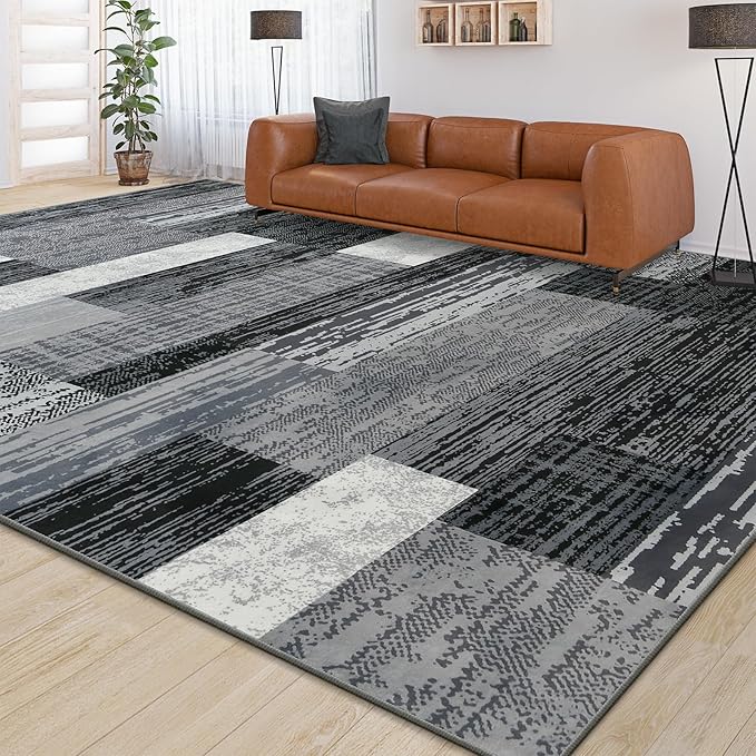 Large Area Rugs,Modern Geometric Patchwork Floor Decor for Bedroom Aesthetic Carpet, Rockwood Collection, Indoor Rugs for Living Room, Dining Room, Nursery, Office, Machine Washable Rug,6x9 Ft Grey