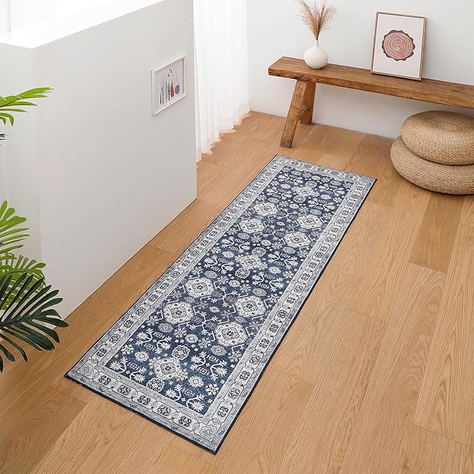 VK VK·LIVING Machine Washable Rug 2'x6' Vintage Design Washable Runner Area Rugs with Non Slip Rugs for Living Room Bedroom Traditional Woven Carpet Stain Resistant Dining Office Boho Rug, (Navy)
