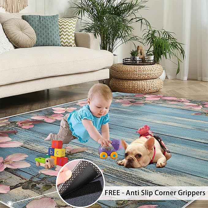 5x8 Vines Kids Rug - Vintage Wood Panels Dining Room Rug, Rural Flowers Area Rugs Indoor Modern Rugs for Bedroom Hardwood Floors Teen Room