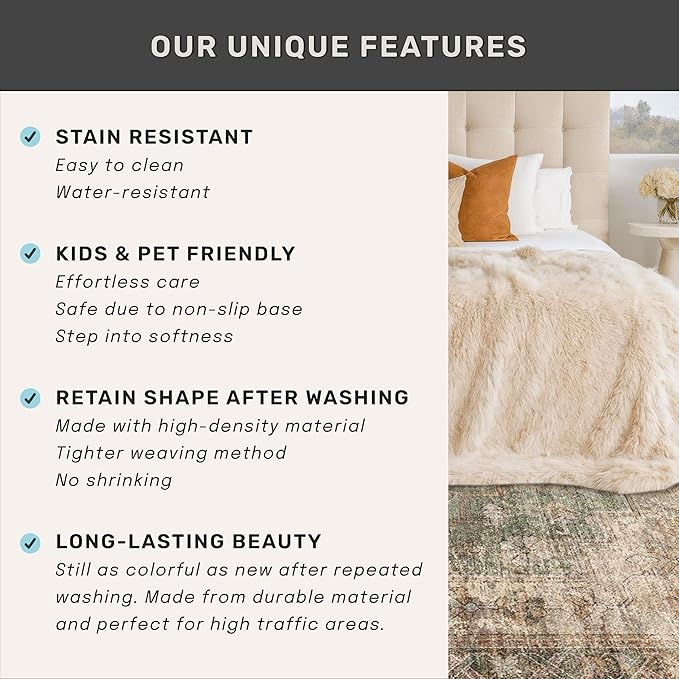 Vintage Dark 6x9 Living Room Rug - Green and Brown Modern Abstract Rug for Dining Room Under Table, Bedroom, Washable Non Slip Soft Rust Taupe Faded Print Mat