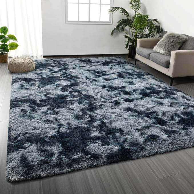 Large Shag Area Rugs 6 x 9, Tie-Dyed Plush Fuzzy Rugs for Living Room, Ultra Soft Fluffy Furry Rug for Bedroom, Indoor Carpet Nursery Rugs for Kids Room Home Decor, Blue and Grey