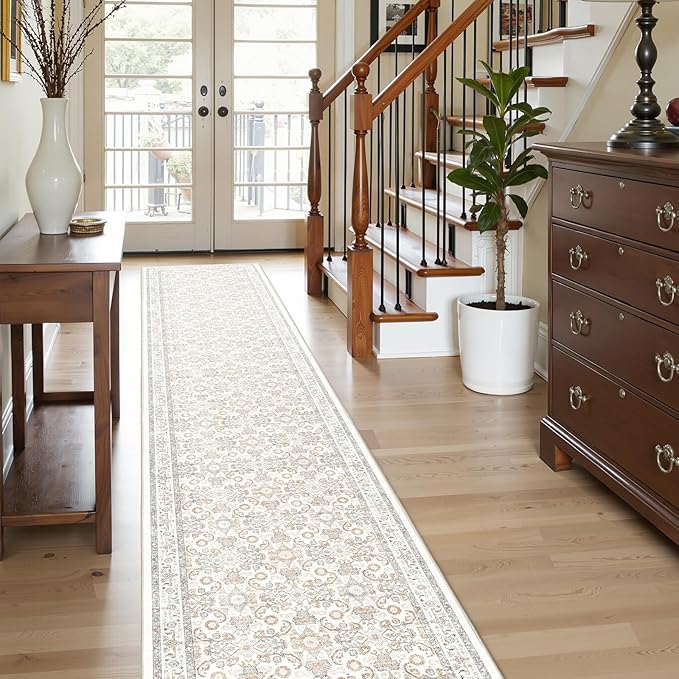 WITSHOCK 2x10 Long Runner Rug for Hallway,Washable Rug Distressed Boho for Bedroom Kitchen Entryway Indoor Entrance,Non Slip Runner Rugs with Rubber Backing,Camel/Beige
