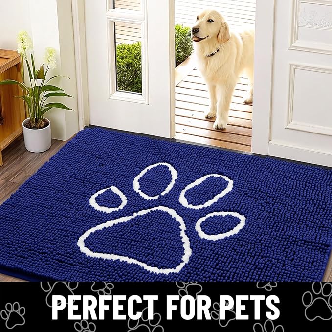 Smiry Dog Door Mat for Muddy Paws, Absorbent Dirt Trapper Non Slip Quick Dry Washable Chenille Mat for Mud Dogs, Entry Rug for Indoor and Outdoor (71x46 Inches,Navy Blue and White)