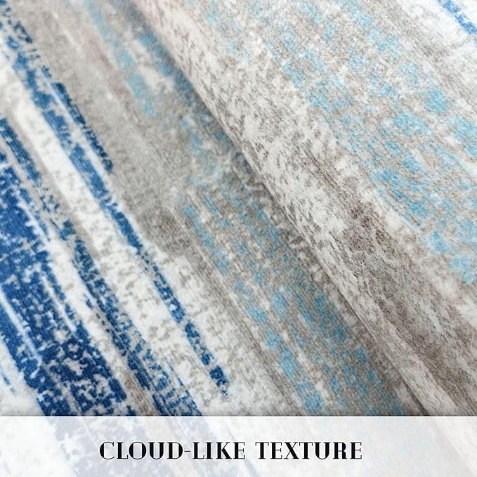 Modern Abstract 8x10 Large Machine Washable Living Room Rug Non-Slip Soft Bedroom Area Rug Blue Ultra Thin Print Faux Wool Carpet Throw Rugs for Nursery Playroom Dining Room Indoor Office