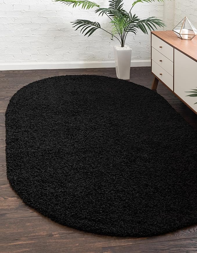 Unique Loom Solid Shag Collection Area Rug (7' 10" x 10' Oval, Jet Black)