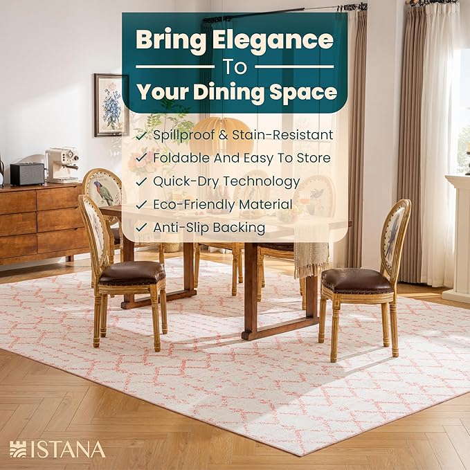 Istana Living Room Rug 10x14 - Pink 10 x 14 Area Rug - Foldable Machine Washable Area Rugs 10x14 - Stylish 10x14 Area Rugs Boho - Stain Resistant Washable Rug 10x14