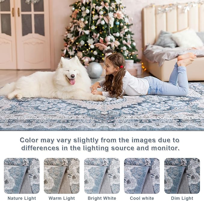 6x9 Area Rug for Bedroom, Machine Washable Rugs with Non-Slip Backing for Living Room, Large Vintage Carpet Kitchen Laundry Kids Room Decor, Blue & Beige