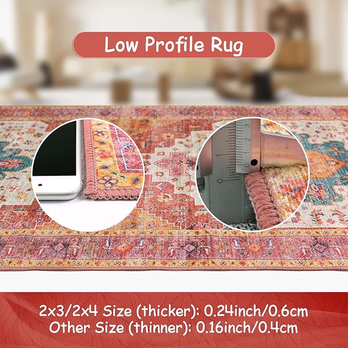 Moynesa Ultra-Thin Washable Runner Rug - 2'6"x8' Pink Runners for Hallways, Boho Non-Slip Bedroom Rug Runner, Vintage Oriental Medallion Kitchen Carpet Runner for Home Entrance Decor