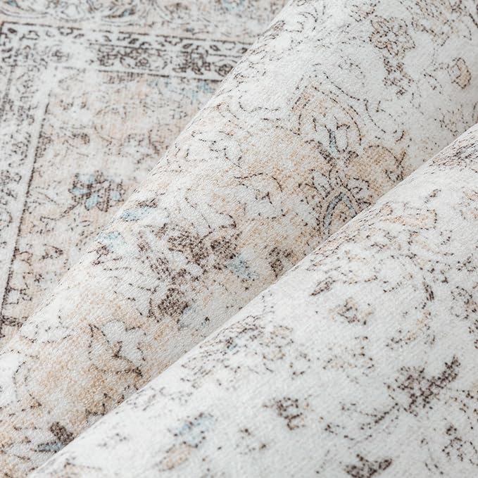 2x3 Washable Vintage Area Rug for Living Room Bedroom Beige Grey Soft Tranditional Non Slip Thin Throw Rug Lightweight Floral Low Pile Distressed Doormat Entrance Dining Laundry Room Kitchen