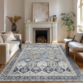 Bavni Washable Rug 8x10 Area Rug for Living Room Bedroom Dining, Washable Vintage Print Carpet, Ultra-Thin Chenille Low Pile Lightweight Rug with Non Slip Backing, Blue