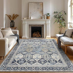 Bavni Washable Rug 8x10 Area Rug for Living Room Bedroom Dining, Washable Vintage Print Carpet, Ultra-Thin Chenille Low Pile Lightweight Rug with Non Slip Backing, Blue
