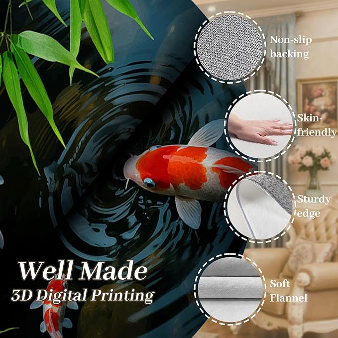 Pond Koi Fish Living Room Rug, 6x9ft, Summer Greenery Moss Stream Indoor Decor Carpet, with Non-Slip Backing Absorbent Thin Mat, Soft Easy Clean Washable Rugs for Office Entryway