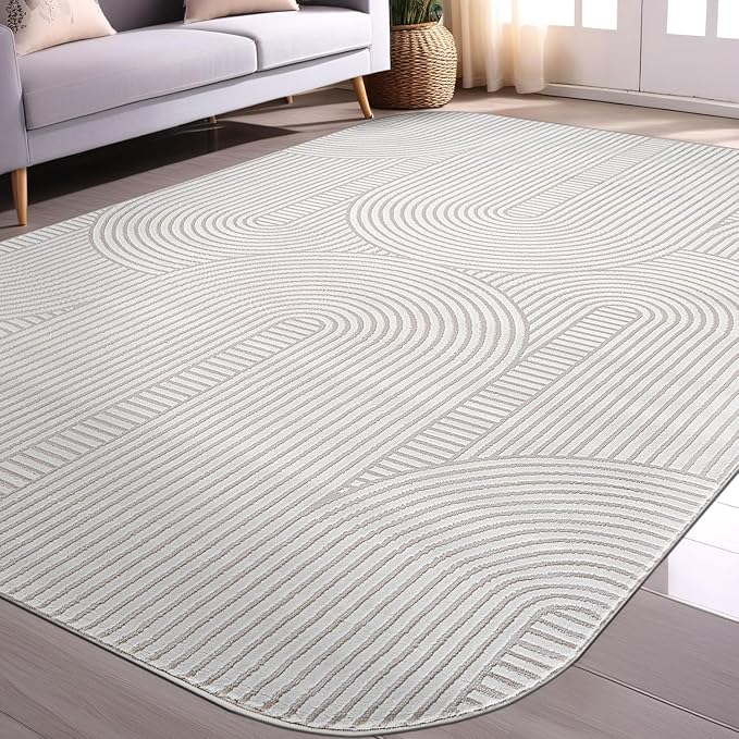 Beverly Rug Modern Geometric Area Rug 5x7 Low-High Pile Durable Soft Abstract Semi-Circles Indoor Rugs for Living Dining Room Office Stain Resistant Non Shedding Indoor Carpet Beige White 5 x 7