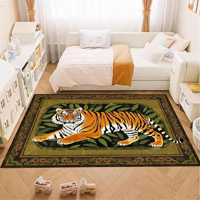Tiger Area Rug,5x8ft, Tiger Print Rug,Tiger Themed Stylish Rug, Bohemian Vintage Tiger Print Rug, Non-Slip Washable Rug for Living Room Bedroom Dining Room Kids Room Decoration