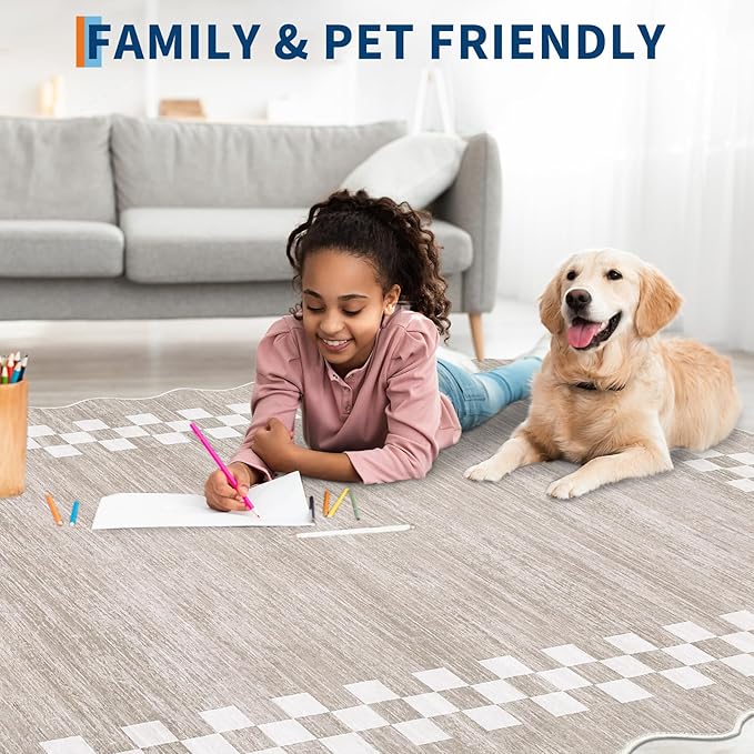 GarveeHome 4x6 Area Rug Small Washable Living Room Rug Scalloped Rug with Rubber Backing Stain Resistant Low Pile Dining Room Throw Carpet Modern Bordered Mat for Bedroom Kitchen, Fog