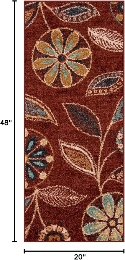 Maples Rugs Reggie Floral Runner Rug - Made in USA - Washable, Non Slip Indoor Carpet for Kitchen, Hallway, and Laundry Room, 1'8 x 4', Merlot