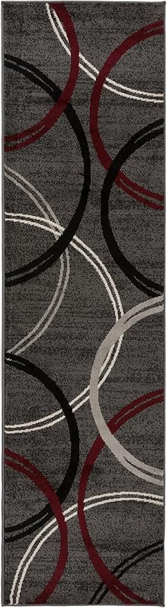 Rugshop Modern Wavy Circles Design Non-Shedding Runner Rug, Carpet for Hallway, Entryway, or Kitchen, Red, 2'7" x 12'