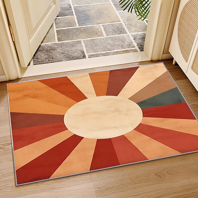 70s Rugs for Living Room -Retro Sun Rug, 5x6 ft, Mid Century Sun Area Rug, Red and Orange Washable Non-Slip Stain Resistant Carpet, Boho Retro 70s Home Decor & Gifts