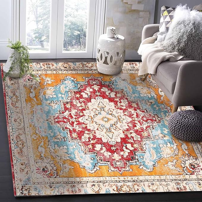 Bohemian Pattern Rectangular Area Rugs for Living Room Bedroom 5 x 8 ft Red & Orange Abstract Non-Shedding Soft Low Pile Rug Non Slip Washable Rug for Nursery Entryway Playroom