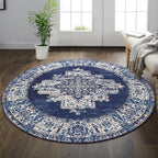 vivorug Round Rug 4ft Vintage Round Area Rug Non-Slip Indoor Carpet for Living Room Bedroom Entryway, Stain Resistant Home Decor Circle Rug, Navy Blue