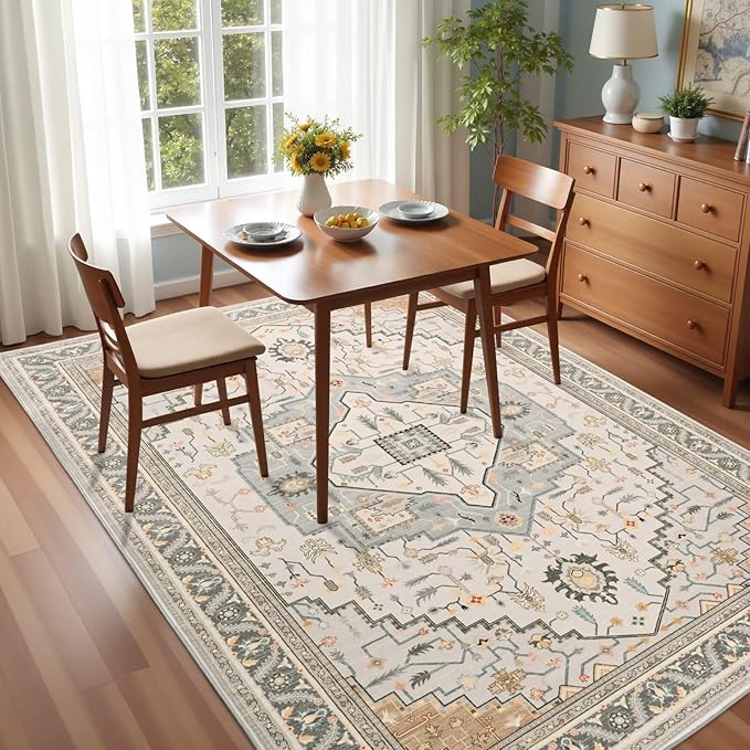 6x9 Grey Beige Area Rug for Living Room, Machine Washable Rugs with Non-Slip Backing for Bedroom, Vintage Medallion Carpet Dining Room Office Kids Room Decor