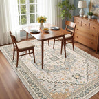 6x9 Grey Beige Area Rug for Living Room, Machine Washable Rugs with Non-Slip Backing for Bedroom, Vintage Medallion Carpet Dining Room Office Kids Room Decor