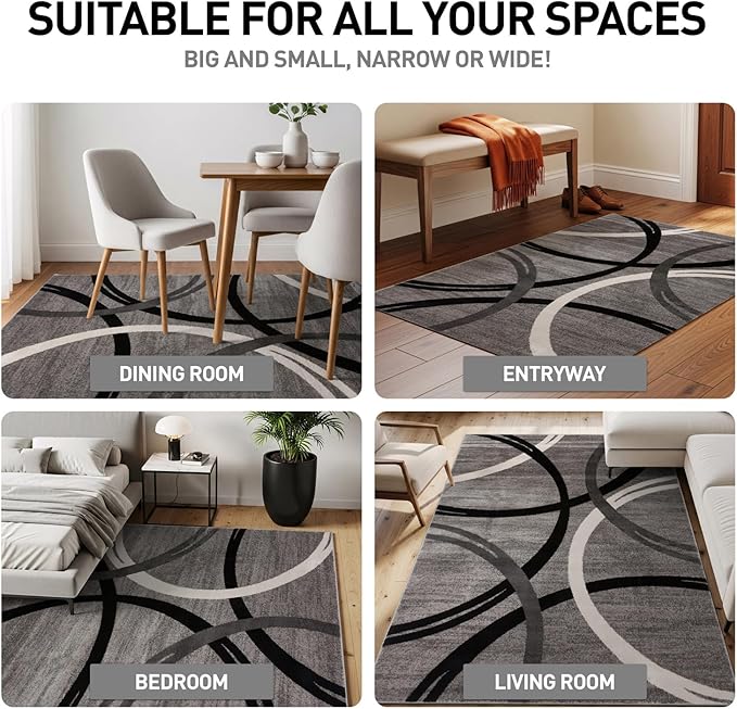 Rugshop Wavy Circles Design Area Rug, Fade-Resistant Carpet for Living Room, Dining Room, or Bedroom, Gray, 6'6" x 9'