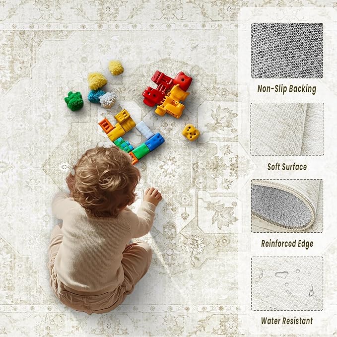 8x10 Area Rugs Washable Rugs for Living Room, Large Vintage Boho Rug Non-Slip Soft Floral Distressed Rug Low Pile Stain Resistant Carpet for Bedroom Nursery Office Dining Room Farmhouse(Beige, 8'x10')