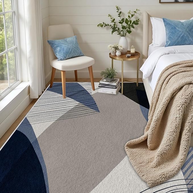 Abstract Art Line Living Room Area Rugs 4x5, Modern Boho Geometric Print Soft Rug, Minimalist Washable Non Slip Neutral Carpet for Bedroom, Dining Room Office Playroom, Navy Blue Gray