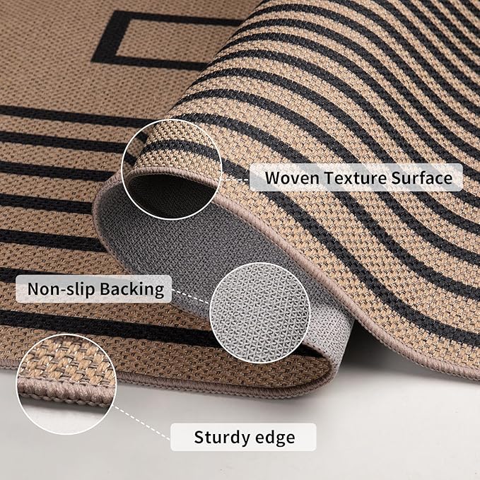Tangsoo Easy Jute Area Rug 4x6 Washable Rug for Indoor Outdoor Patio,Non-Slip Black Geometric Indoor Outdoor Carpet,Boho Farmhouse Throw Mat for Front Porch Bedroom Living Room Foyer Balcony