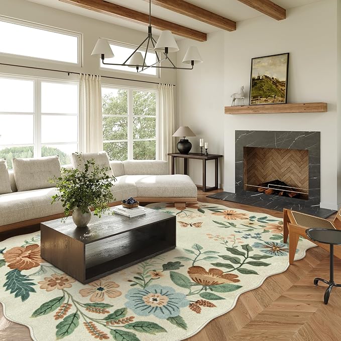 Lahome Floral 9x12 Area Rugs for Living Room Bedroom, Soft Washable Rugs 9x12 Stain Resistant, Ultra-Thin Non-Slip Boho Dining Room Rug Non-Shedding Accent Carpet for Office(9x12ft,Beige)