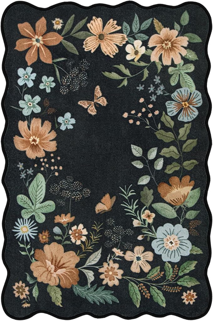 Lahome Floral Entryway Rug, 2X3 Washable Kitchen Rug Ultra-Thin, Non-Slip Soft Door Mat Indoor Entrance Stain Resistant Boho Small Low-Pile Throw Carpet for Bathroom Bedroom(2x3ft,Black/Grey)
