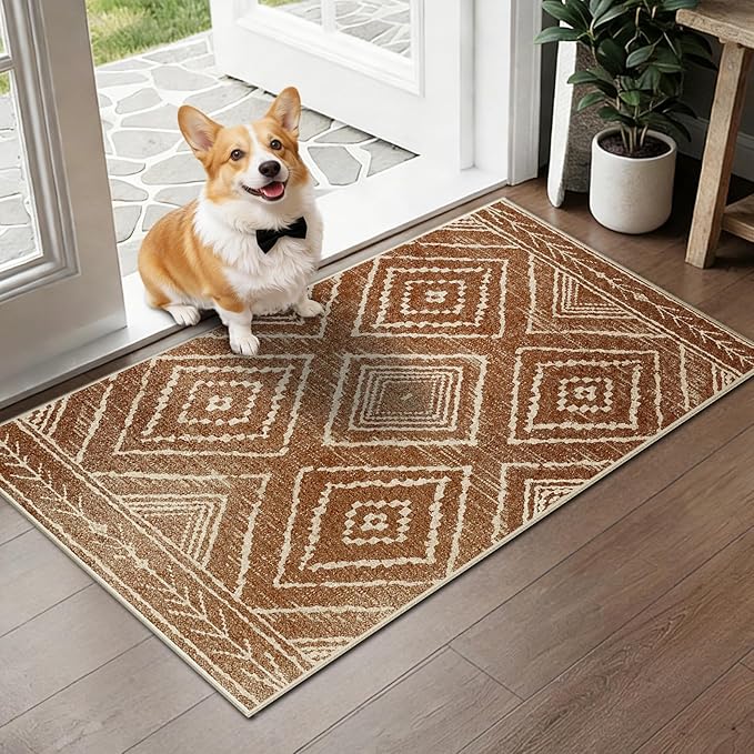 Area Rug 2x4 Rug Machine Washable Non-Slip Low Pile Print Pattern Western Rug for Living Room Bedroom Entryway Tribal Series-Yellowbrown/Cream