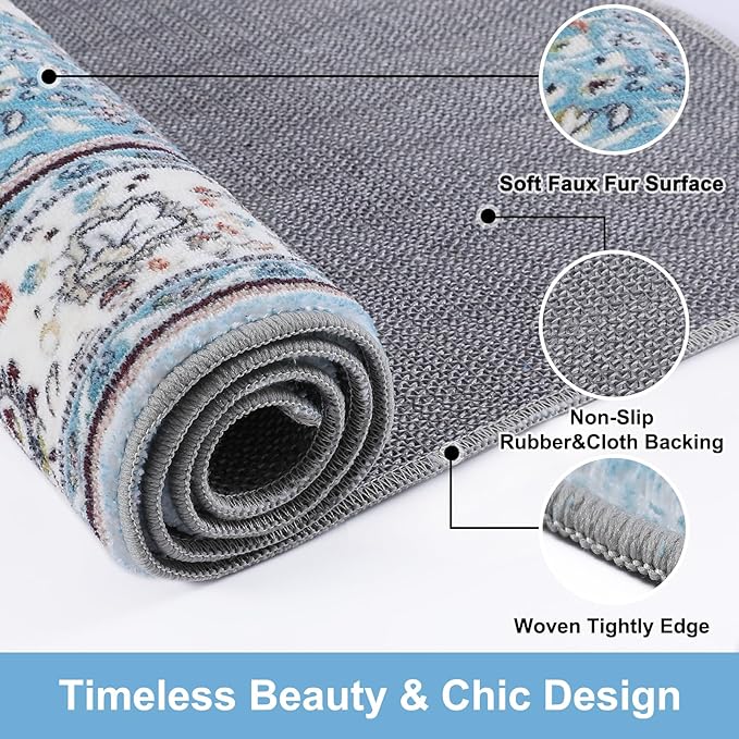 COMSLE Area Rug 3x5 Faux Wool Rugs for Kitchen, Boho Washable Throw Rugs Non-Slip Distressed Carpet Soft Accent Floor Rug for Bedroom, Living Room, Laundry Room (Light Blue)