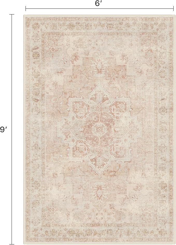 6x9 Area Rugs for Living Room, Machine Washable Rug, Non Slip Vintage Rugs, Low Pile Lightweight Print Rug for Bedroom, Dining Room, Home Office, Pink