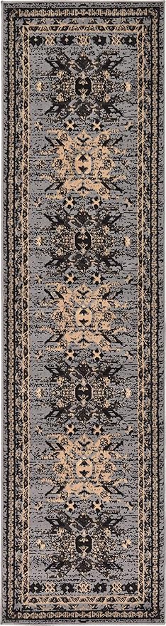 Unique Loom Taftan Collection Border Geometric Tribal Inspired Design Area Rug (2' 2 x 8' 2 Runner, Gray/ Black)