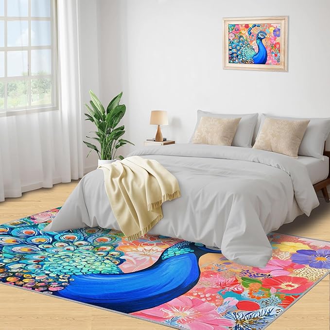 Peacock Area Rug 3x4-3x4 Rug, Boho Floral Rugs for Living Room, Colorful Carpet, Oil Painting Art Washable Area Rugs for Bedroom, Aesthetics Carpet - Peafowl Home Decor & Gifts